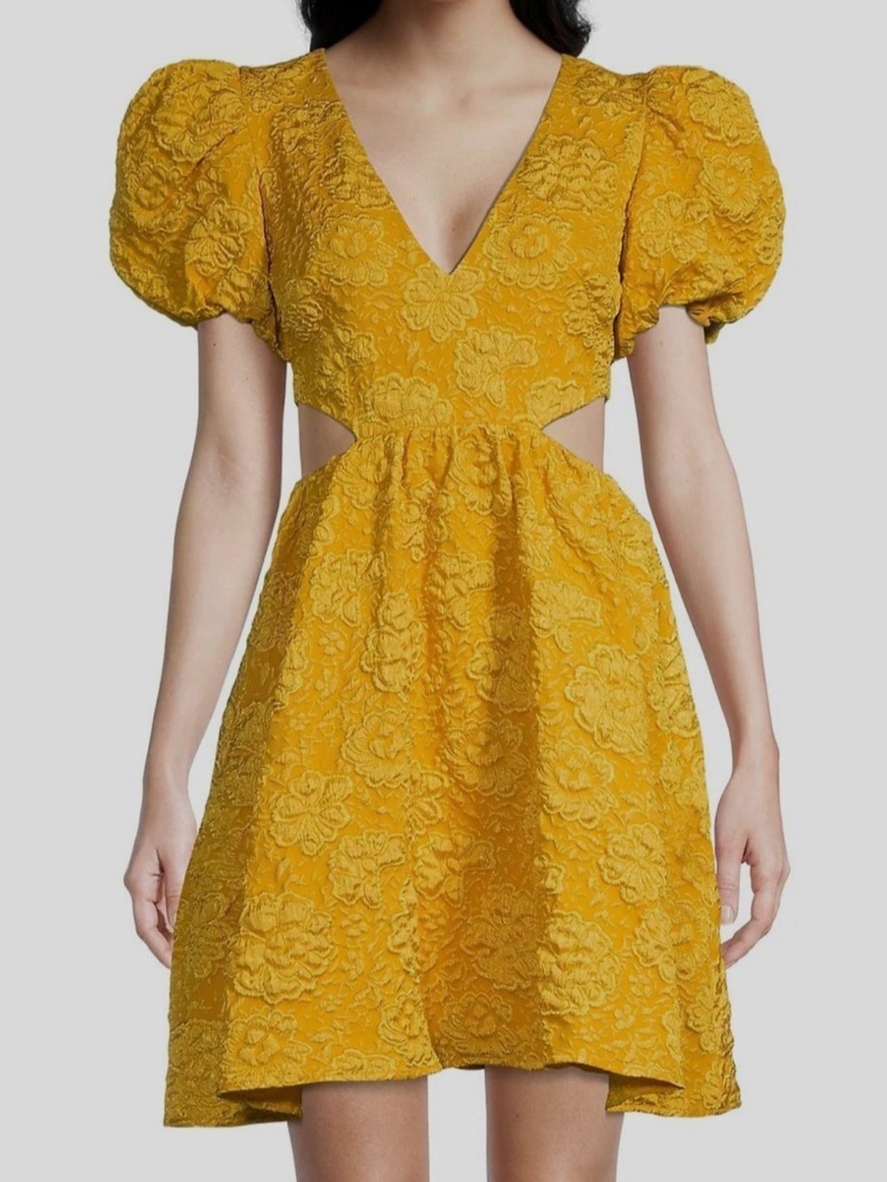 ONE33 Social Women's Yellow Jacquard Cut-Out Puff-Sleeve Mini Dress Size 6 Chic